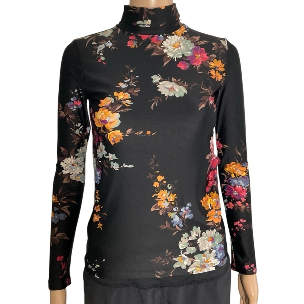 Twin Fantasy Black Floral Mock Neck Long Sleeve Top XS Italian Fabric - Picture 2 of 9